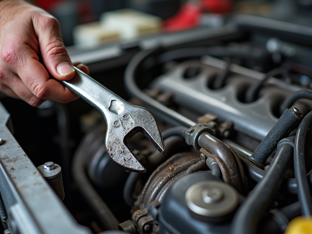 Mechanic using an open-end wrench on a car engine