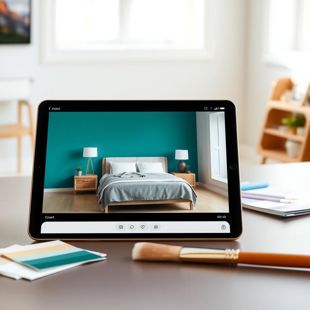 Tablet displaying AI-generated bedroom with a teal accent wall