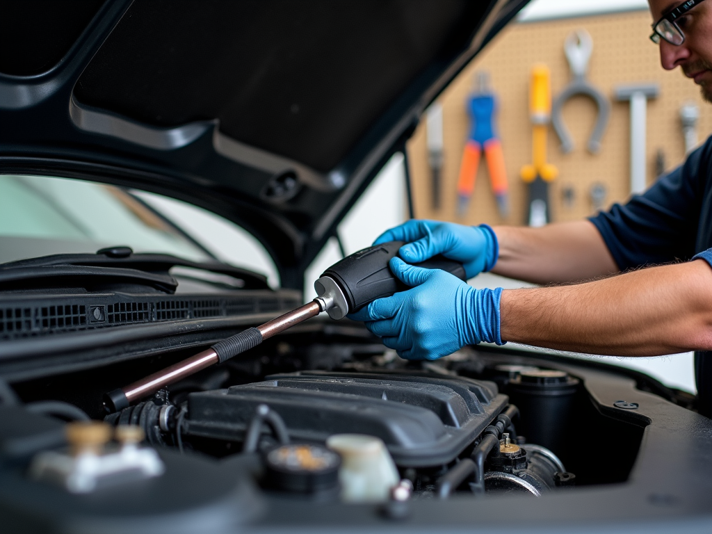 Person using a torque wrench on a car engine in a garage