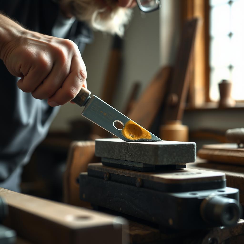 A craftsman sharpening a chisel on a whetstone with steady hands in a well-lit workshop, with other tools faintly visible in the background.