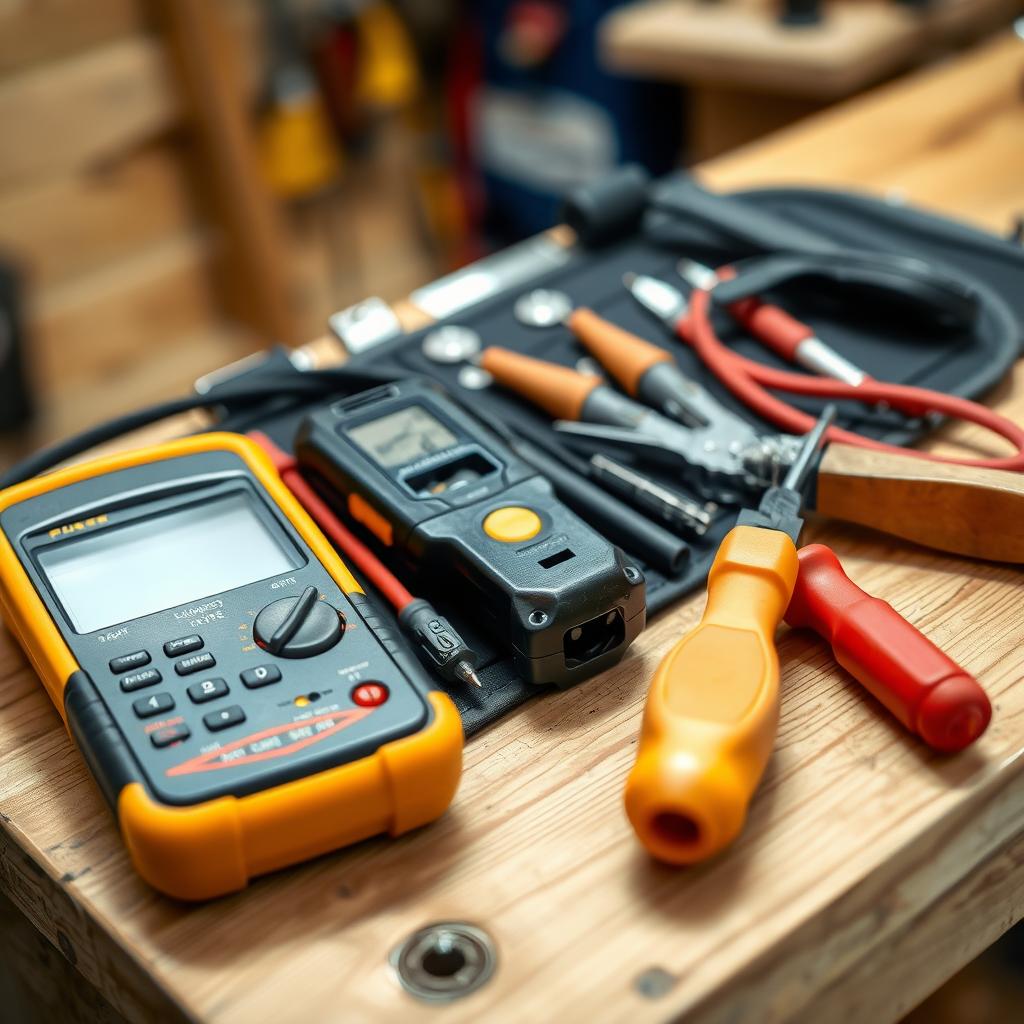 Electrician’s tool belt with a multimeter, voltage tester, wire strippers, and screwdrivers on a workbench.
