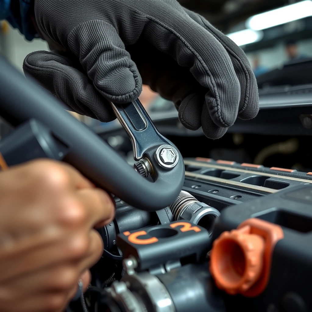 Mechanic using a ratcheting wrench on a car engine