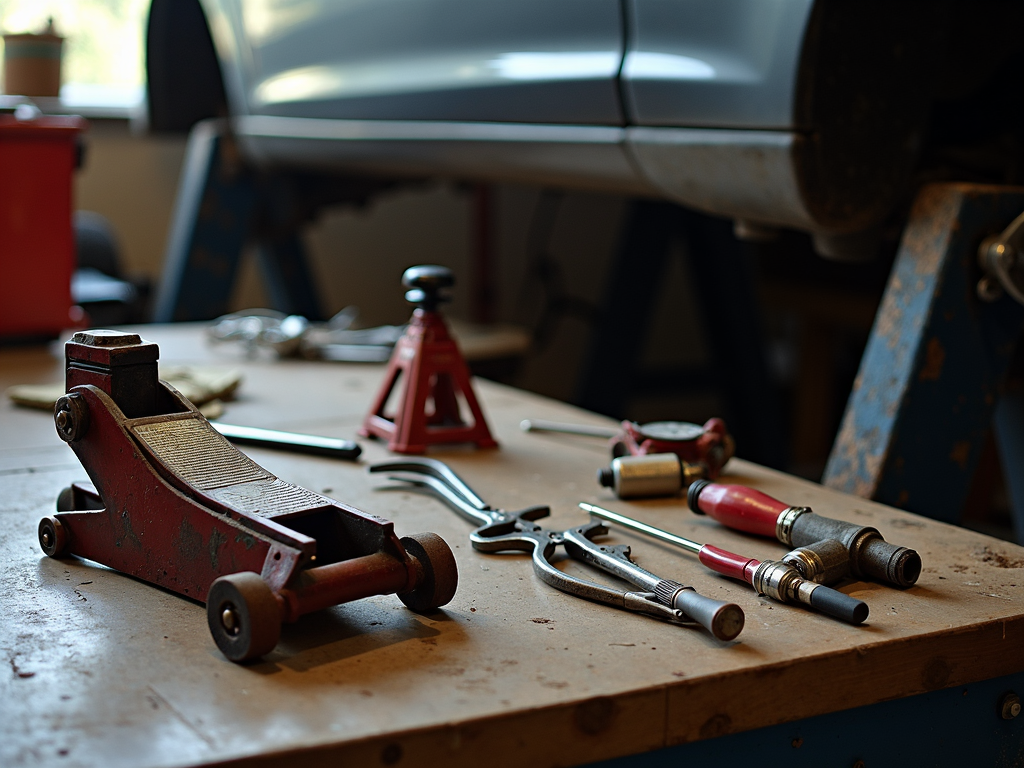 A workbench with essential DIY mechanic tools like a jack, stands, and pliers, next to a raised car.