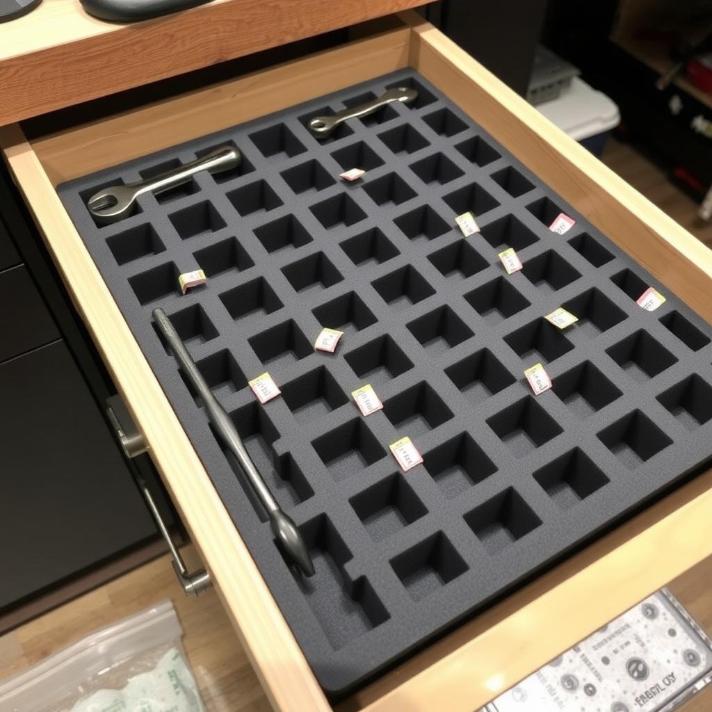 Drawer with a foam organizer for categorized tool storage.