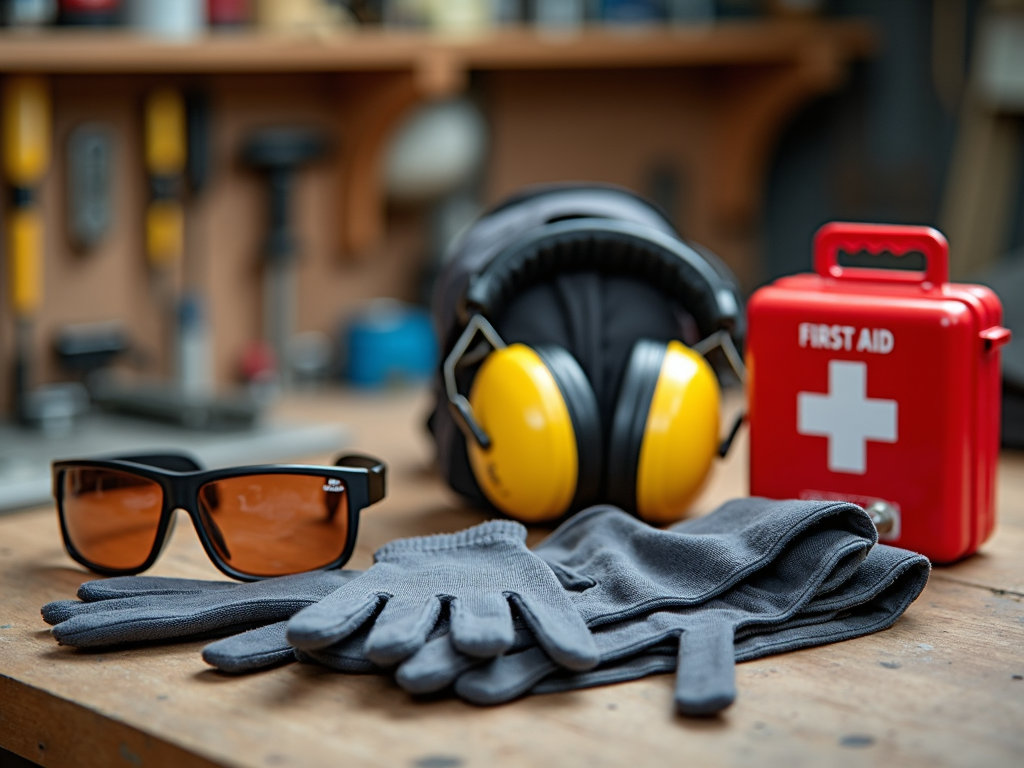 Safety gear and organized workbench for power drill use.