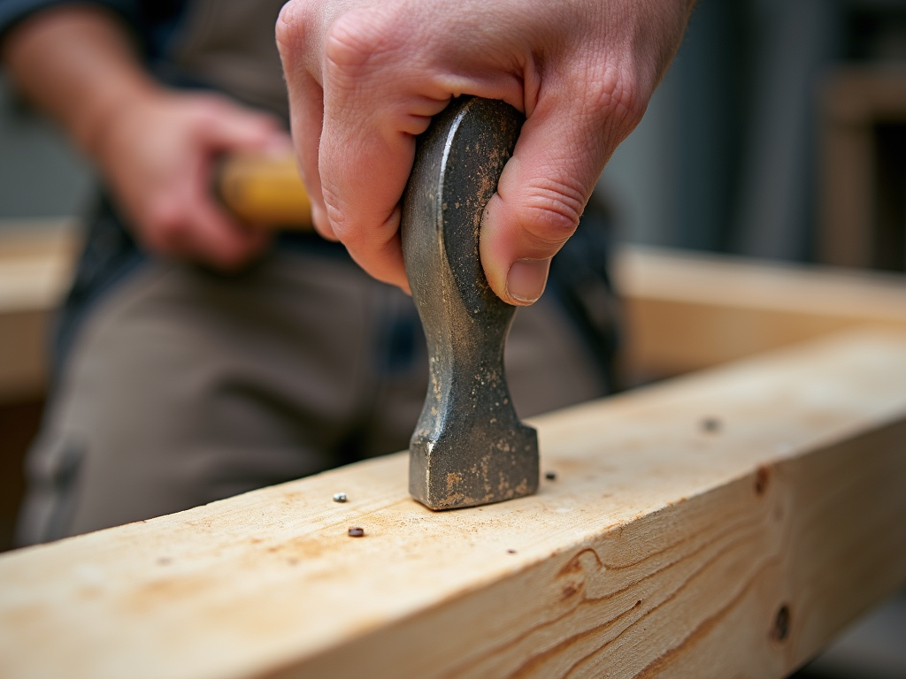 Worker using a claw hammer on a wooden beam