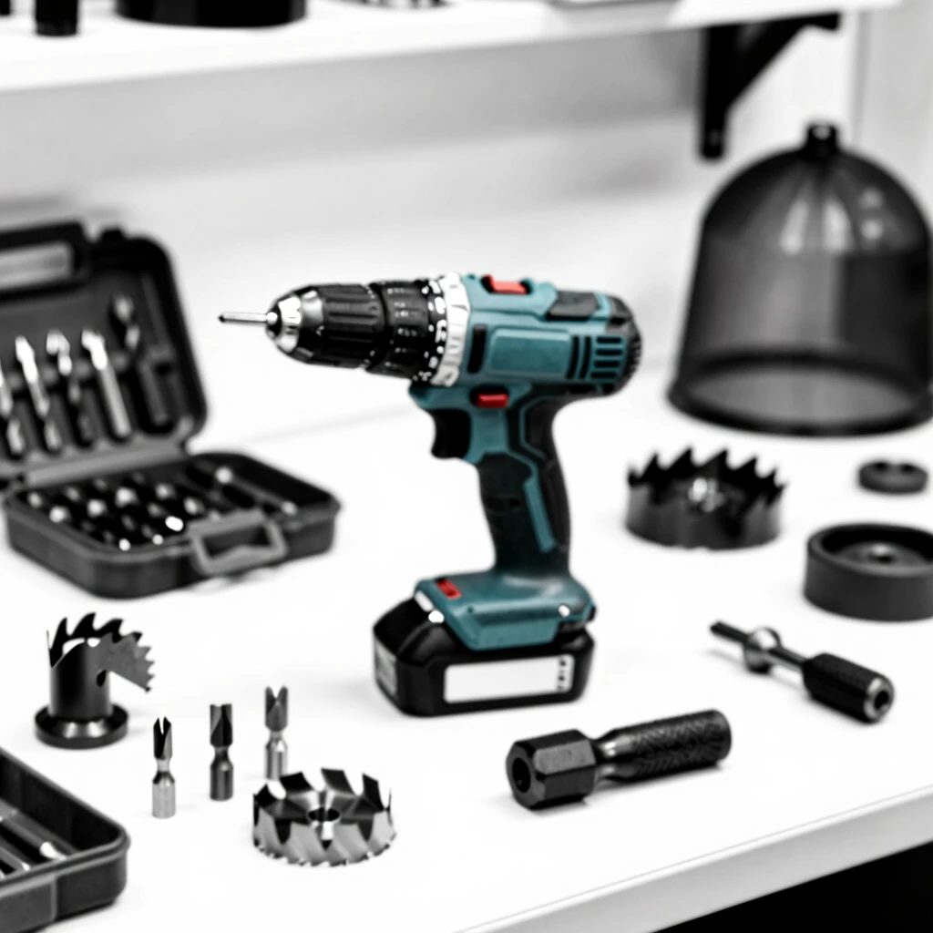 Power drill surrounded by essential accessories on a workbench