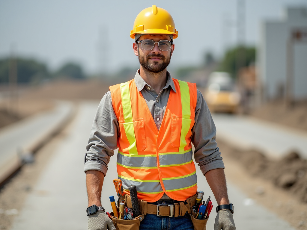 Construction worker with PPE and tool belt