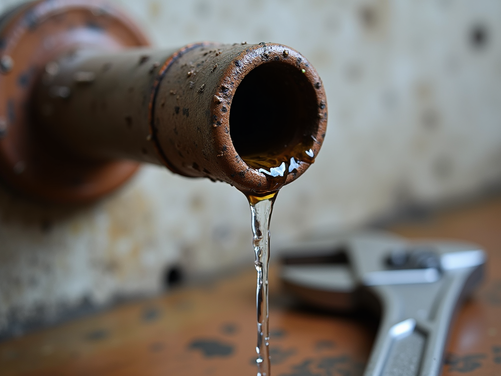 Fixing a dripping pipe with a wrench.
