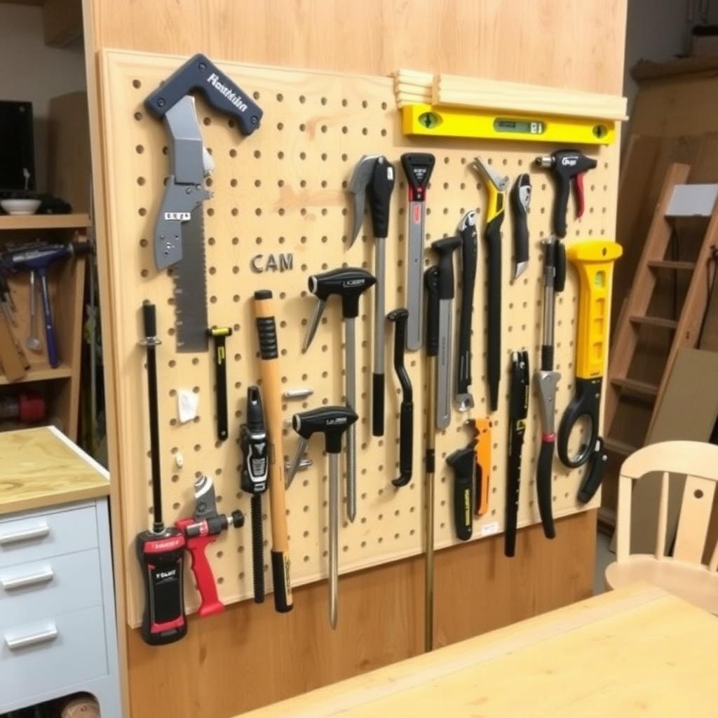Wall-mounted pegboard displaying organized workman tools including a hand saw, clamps, and a level, with a workbench and wooden chair in the background.