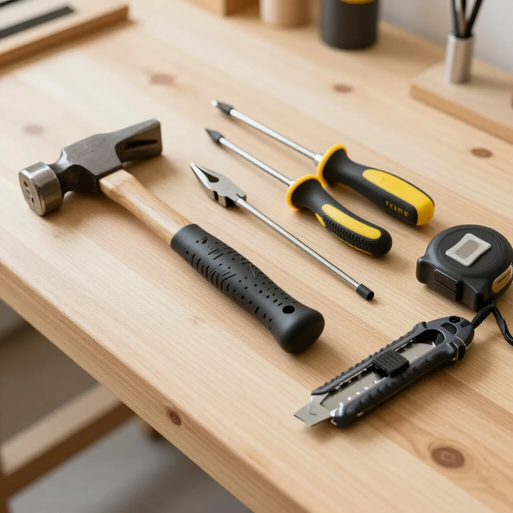 Assortment of ergonomic hand tools on a wooden workbench for DIY projects