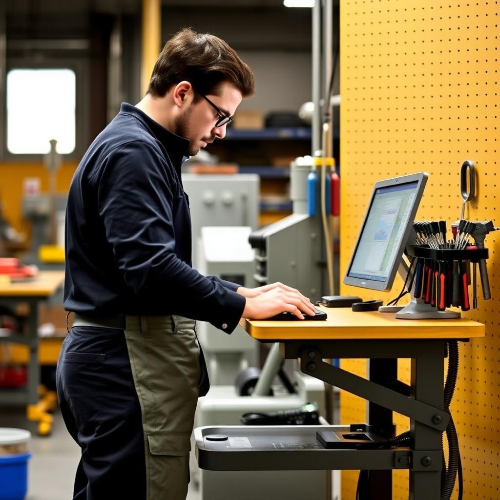 Factory worker at ergonomic workstation