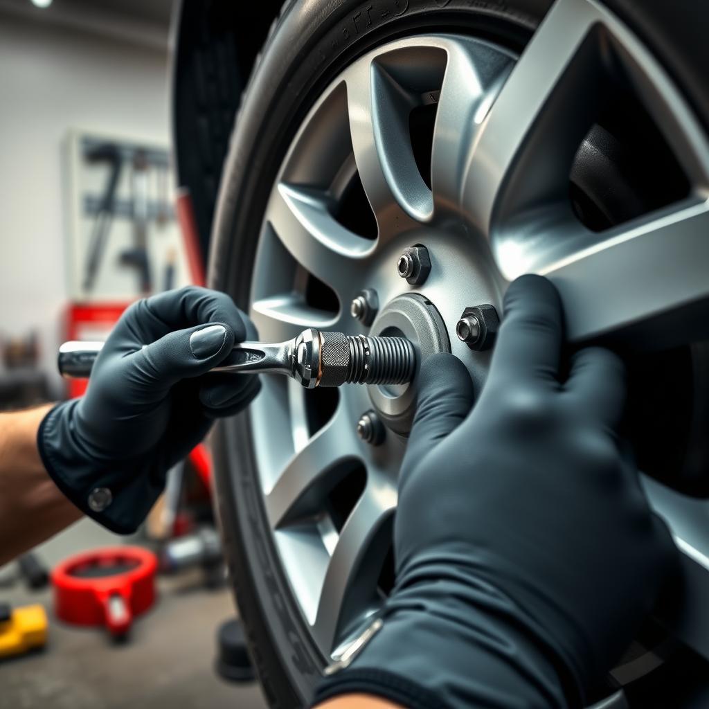 Gloved hands using a torque wrench on a car wheel lug nut in a garage.