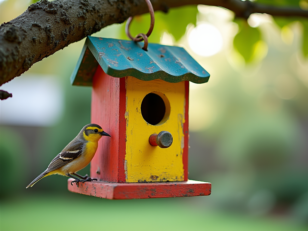 A handmade birdhouse in a garden