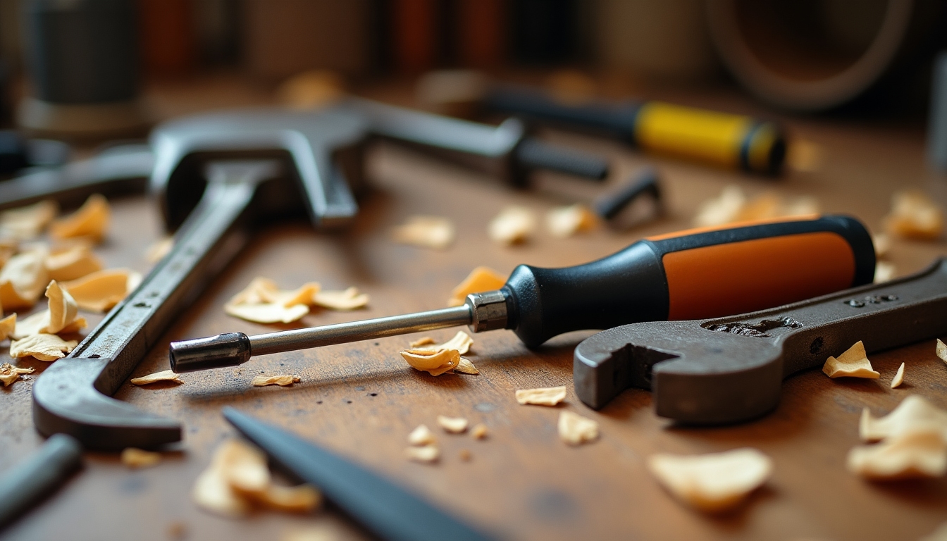 Cluttered workbench with worn tools