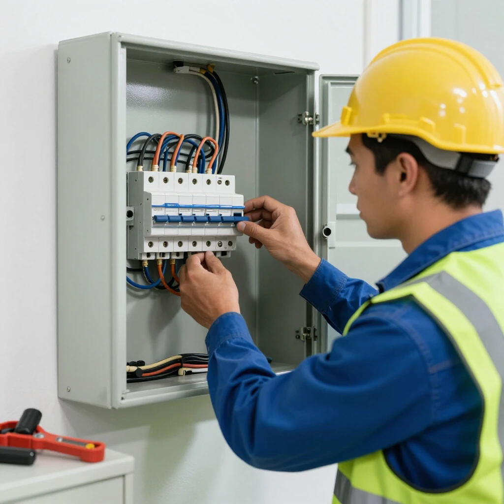 Electrician installing wiring in a home electrical panel