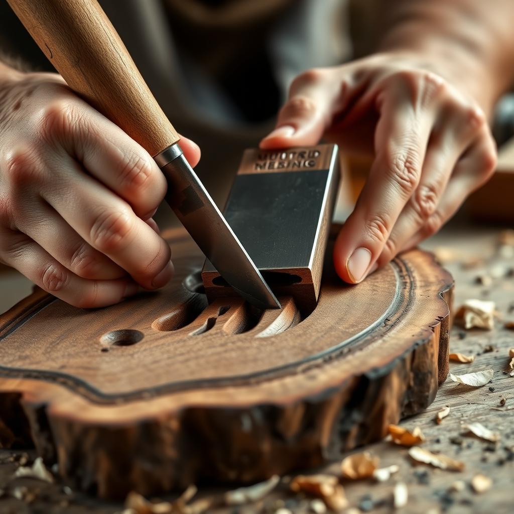 Craftsman’s hands carving walnut wood with a chisel and mallet, surrounded by wood shavings on a workbench.
