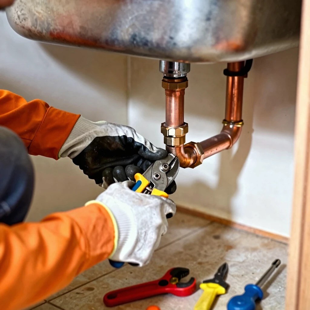 Plumber installing new copper pipes under a kitchen sink using specialized tools