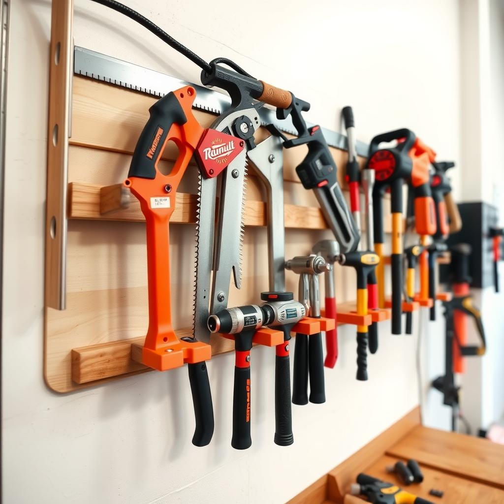 A wall-mounted tool rack with neatly arranged saws, hammers, and drills in a clean workshop.
