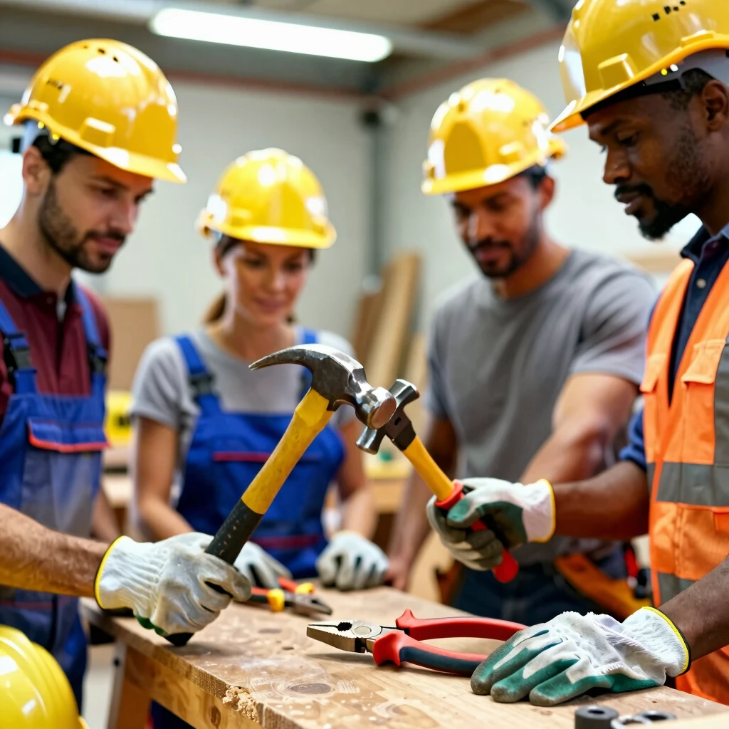 Workers discussing ergonomic tools in a workshop