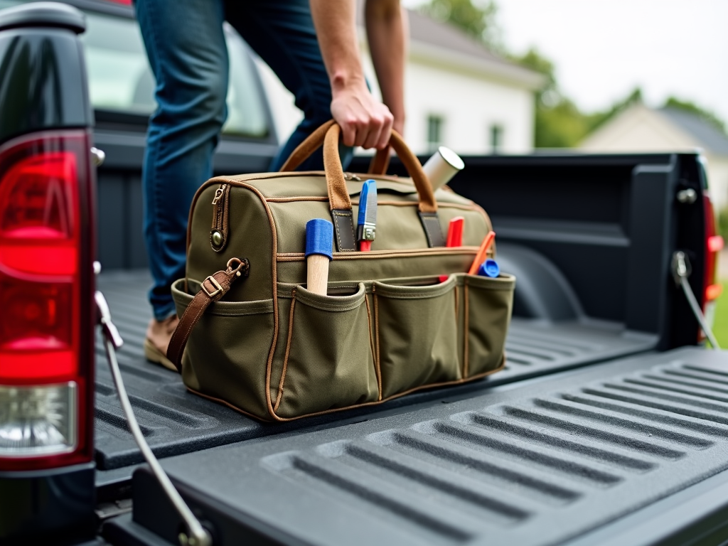A painter preparing a tool bag for a job site.