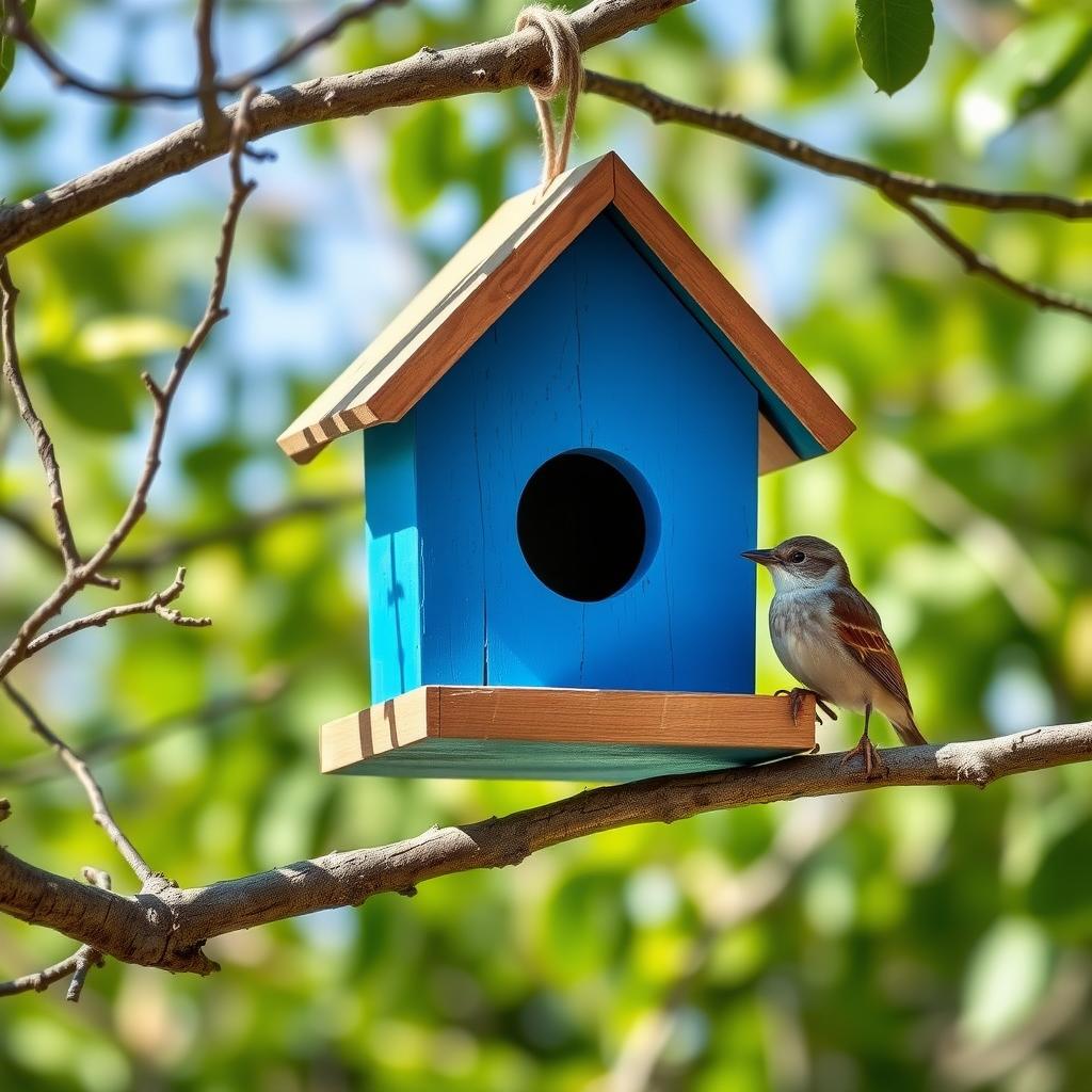 A bright blue birdhouse made by a DIY beginner hanging on a tree