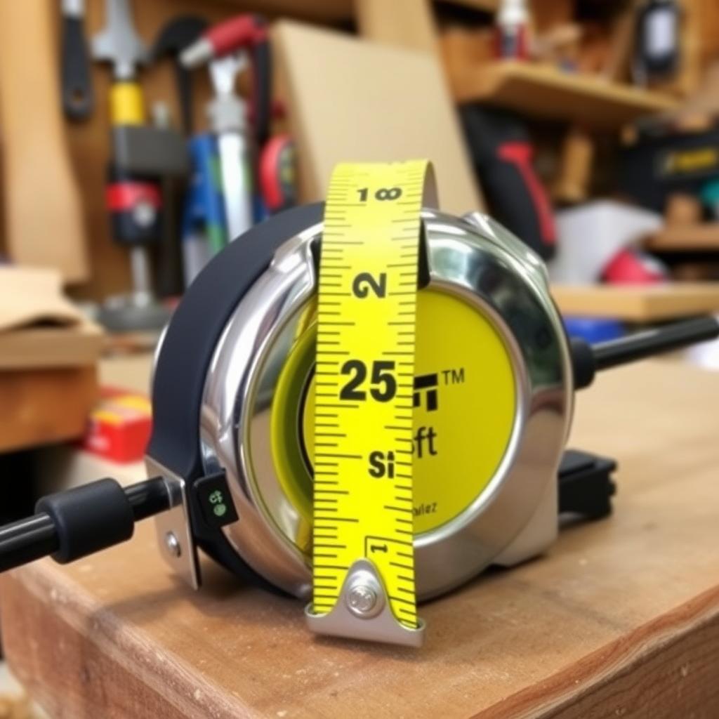 A 25-foot tape measure with a yellow blade on a wooden workbench in a workshop.