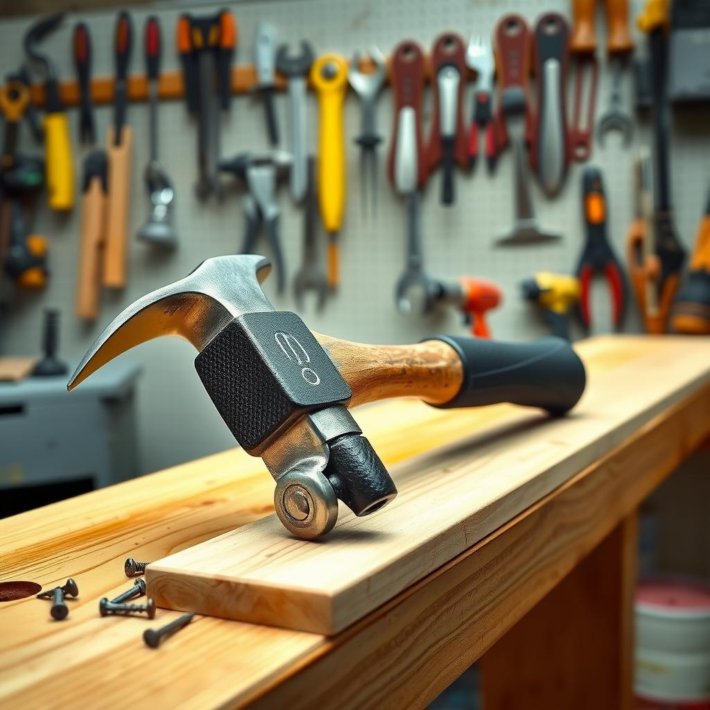 A claw hammer on a wooden workbench with nails and a piece of pine wood in a tidy garage.