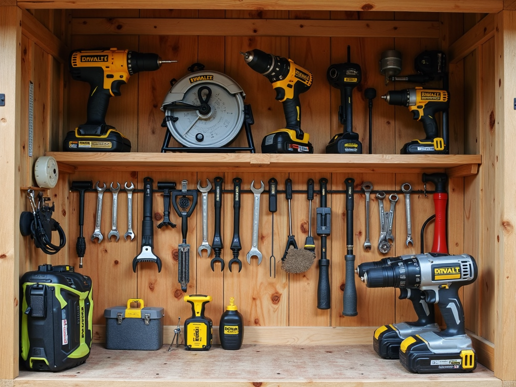 A well-organized tool storage shed.