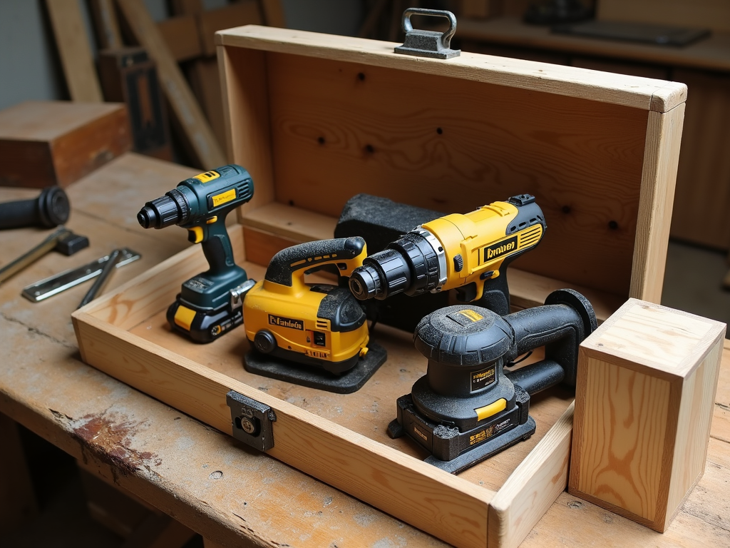 Woodworker’s toolbox with power tools and finished box