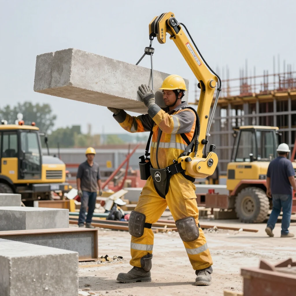 Worker using a powered exoskeleton to lift heavy materials