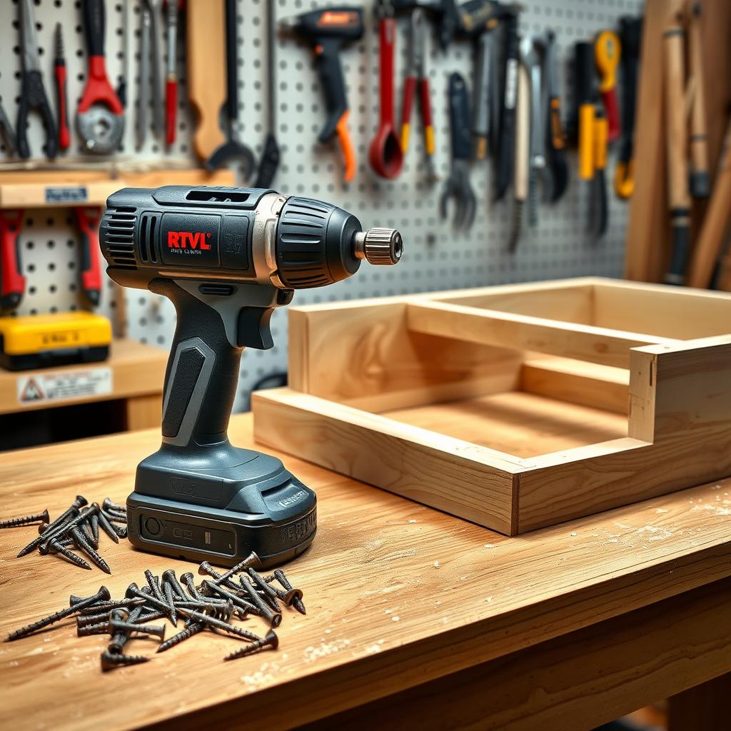 Impact driver on a workbench with screws and a wooden frame