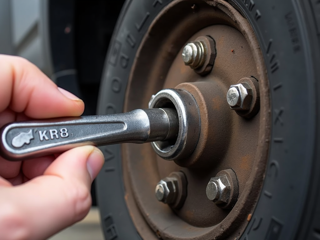 Adjustable wrench fitting a nut on a wheel hub