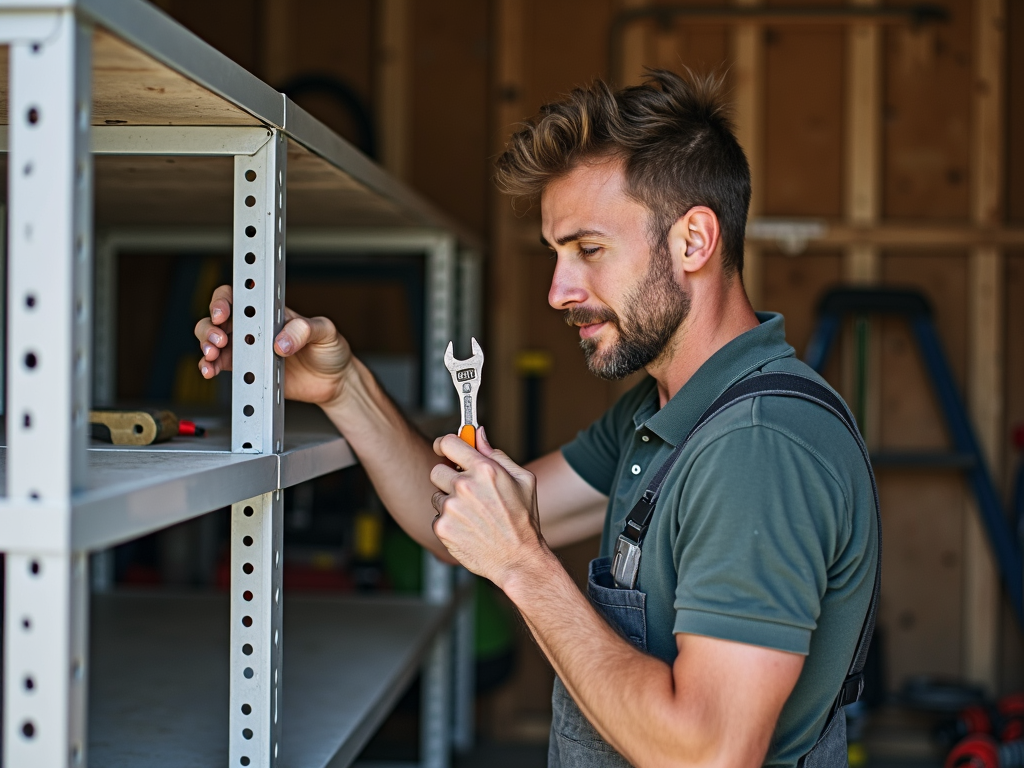 DIY enthusiast using a stubby ratcheting wrench on a shelf