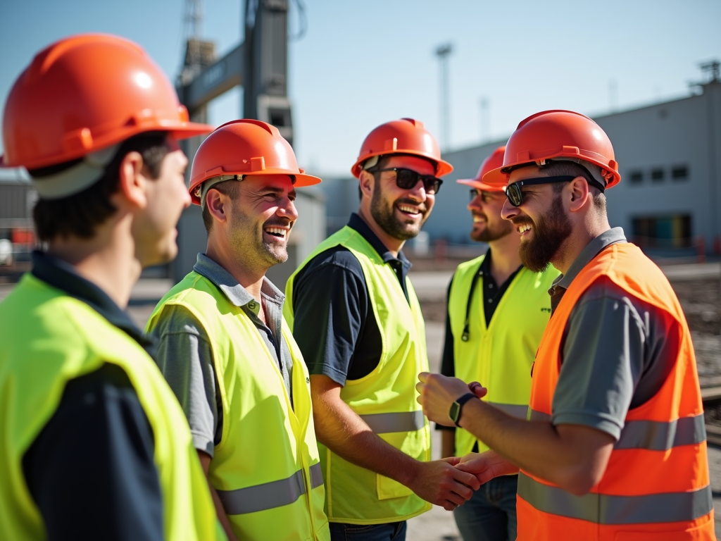 Workmen in safety gear on break