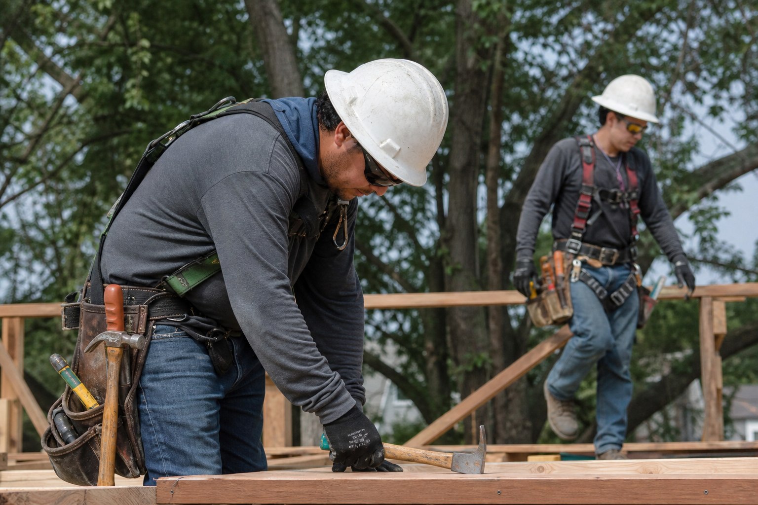 Safe construction site with workers using tool belts and PPE