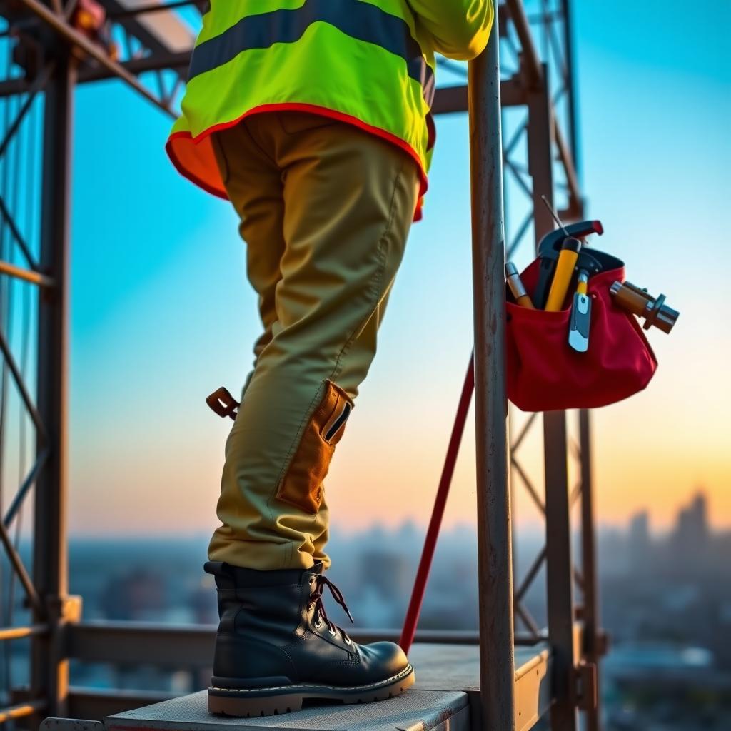 Construction worker in a neon yellow vest and tool belt on a scaffold with a city skyline in the background.
