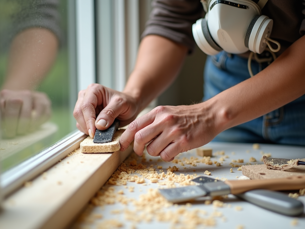 A painter sanding a wooden window frame with a sanding block.