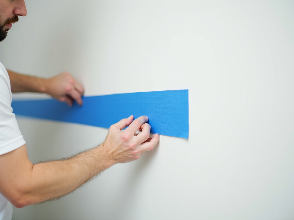 Painter applying tape to wall