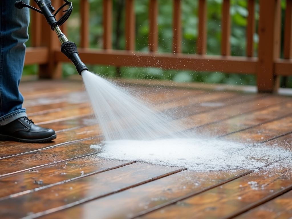 Power washer cleaning a wooden deck