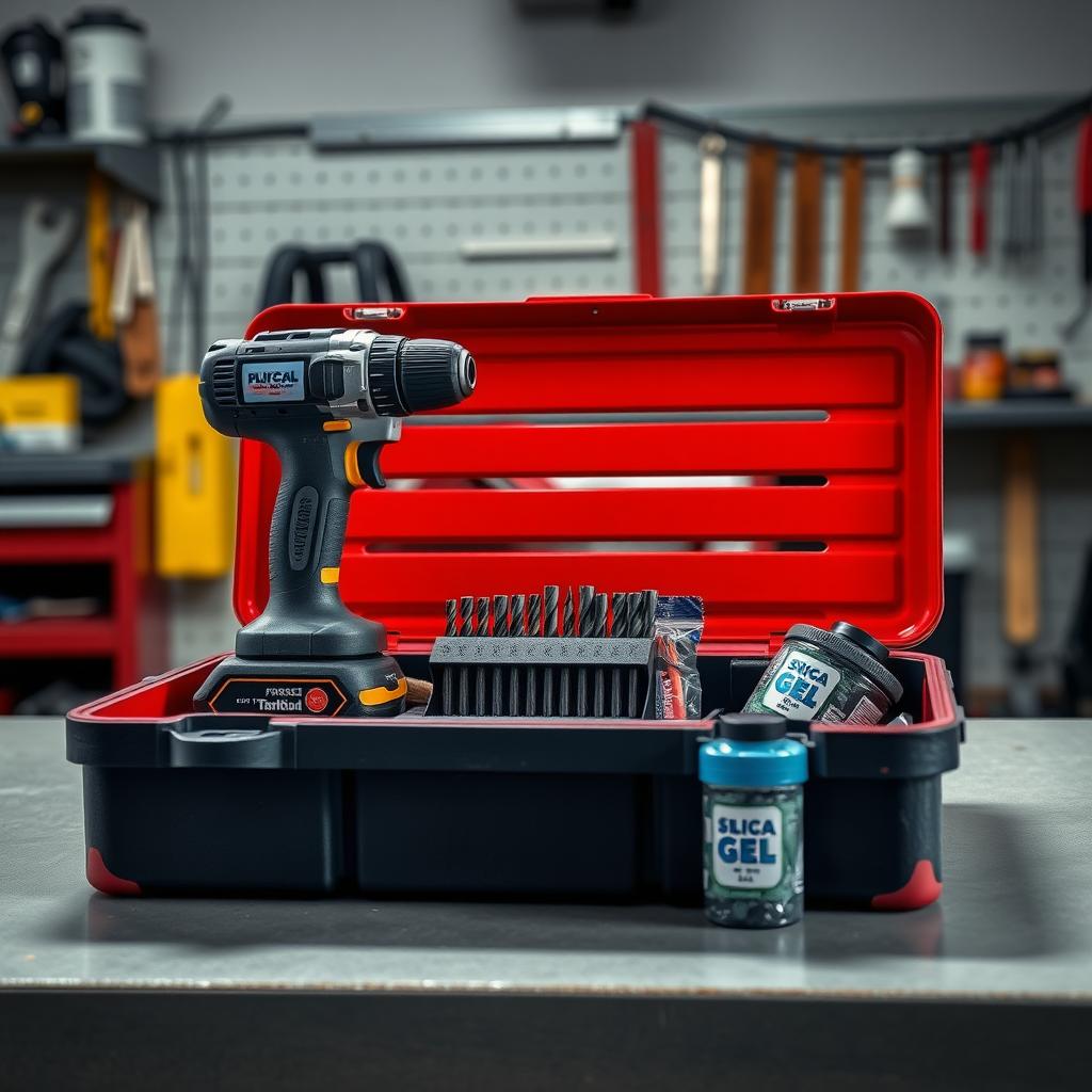 Organized toolbox with power drill and drill bits