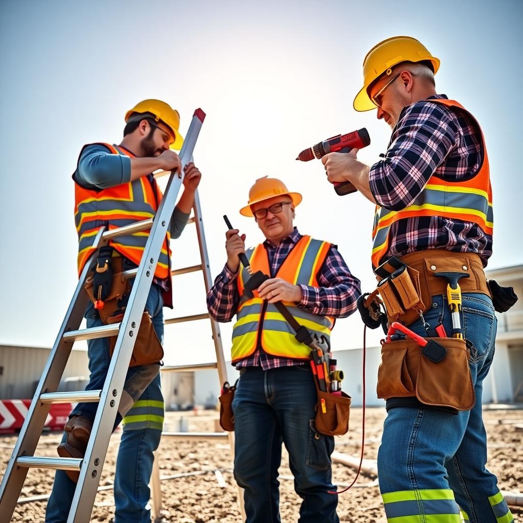 Construction crew using ergonomic tools and equipment on a job site.
