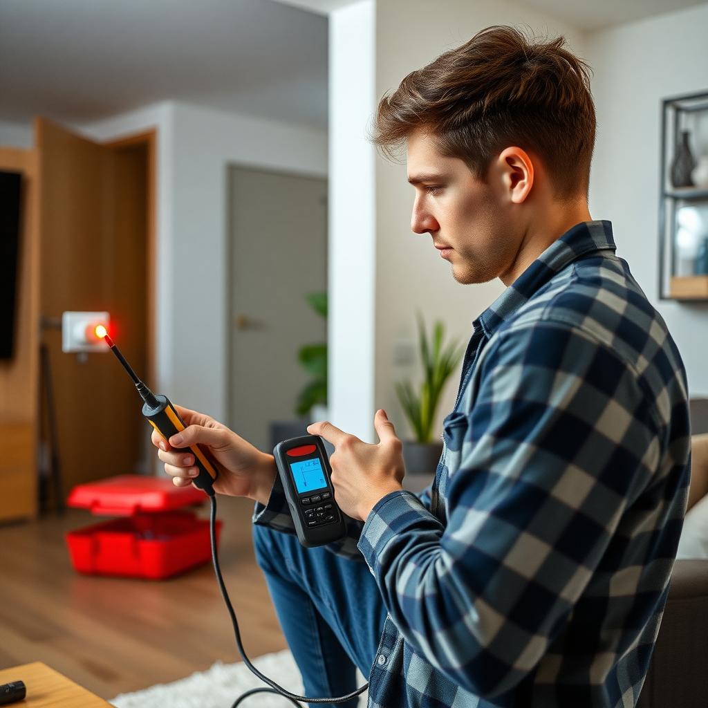 Beginner electrician testing an outlet with a non-contact voltage tester in a living room.