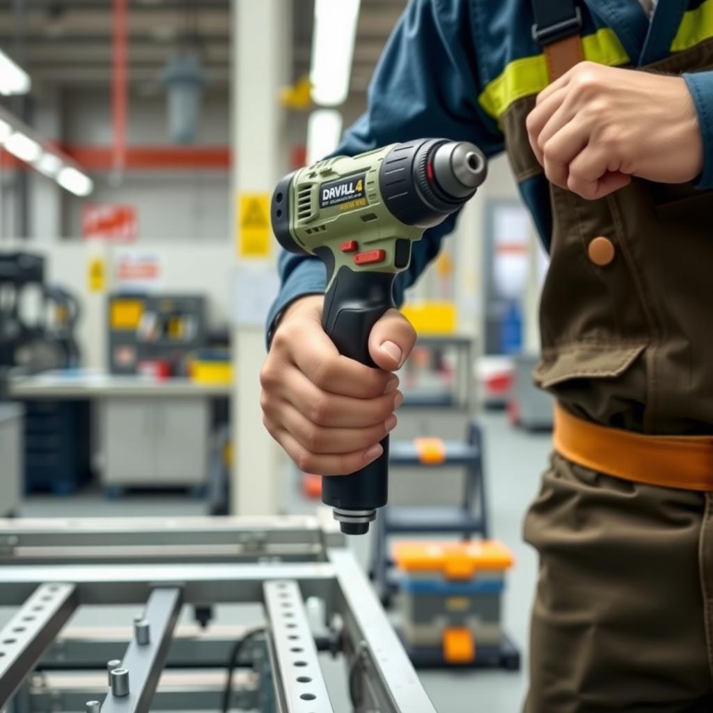 Factory worker using an ergonomic power drill with a neutral wrist position