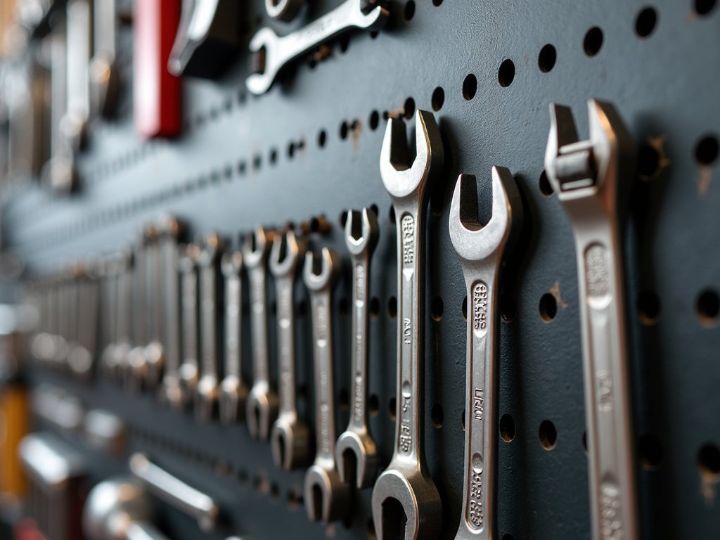 Wrenches organized on a pegboard