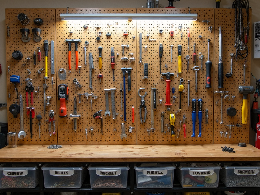 A pegboard with neatly arranged hand tools and labeled storage bins.