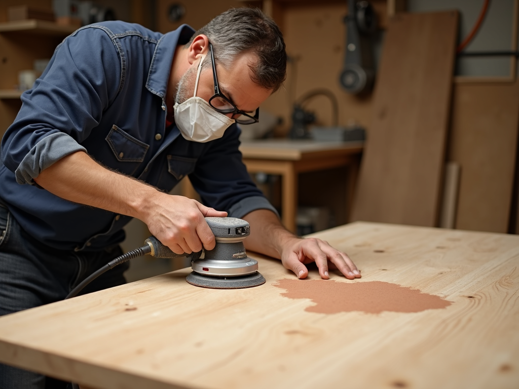 Sanding a wooden table with an orbital sander