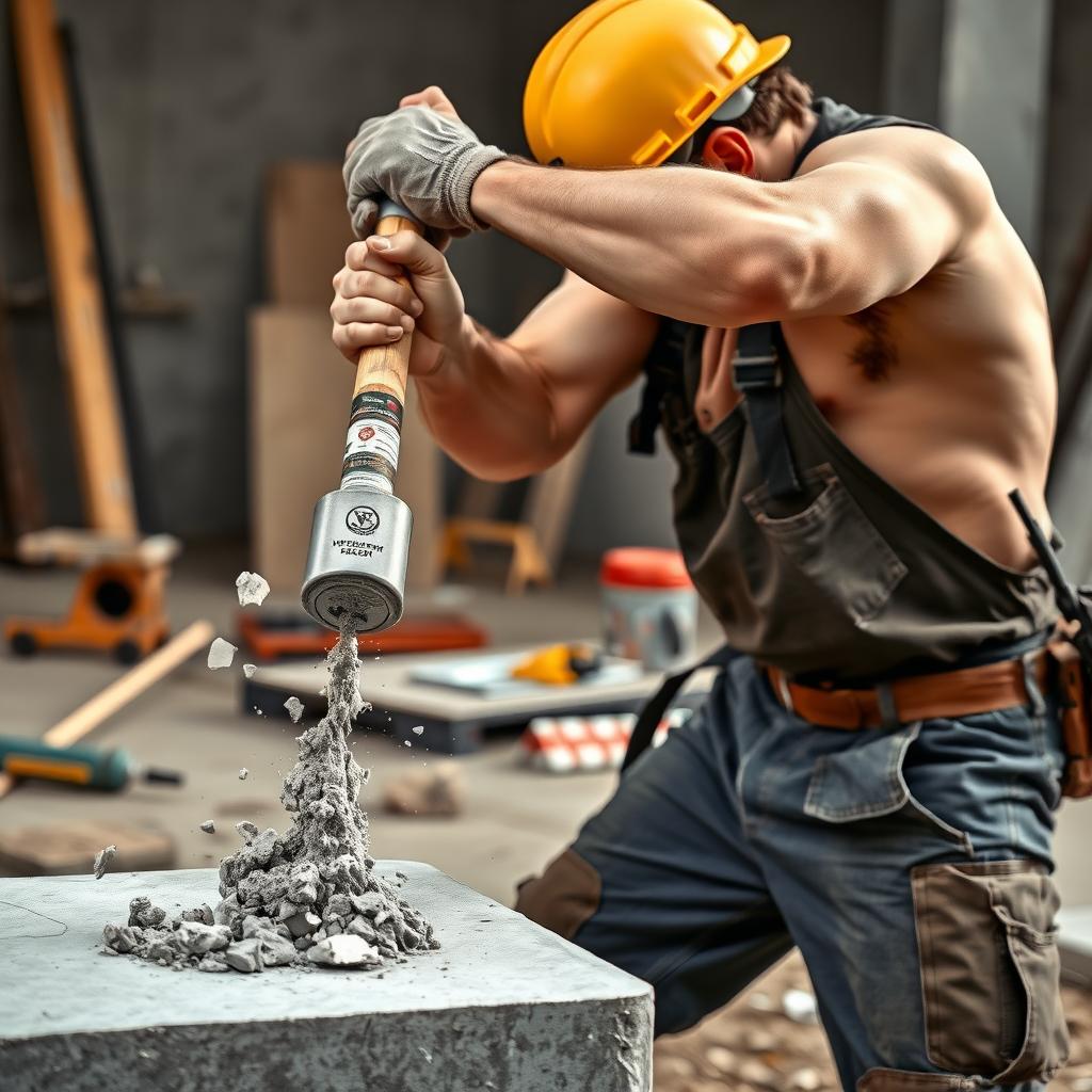 Construction worker swinging a sledgehammer to break concrete.