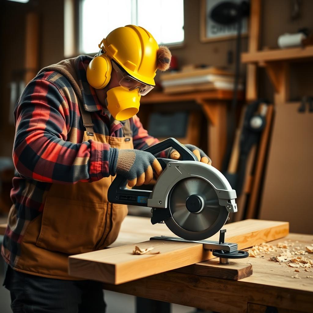 DIY enthusiast in safety glasses, dust mask, gloves, and steel-toe boots cutting wood with a circular saw in a workshop.