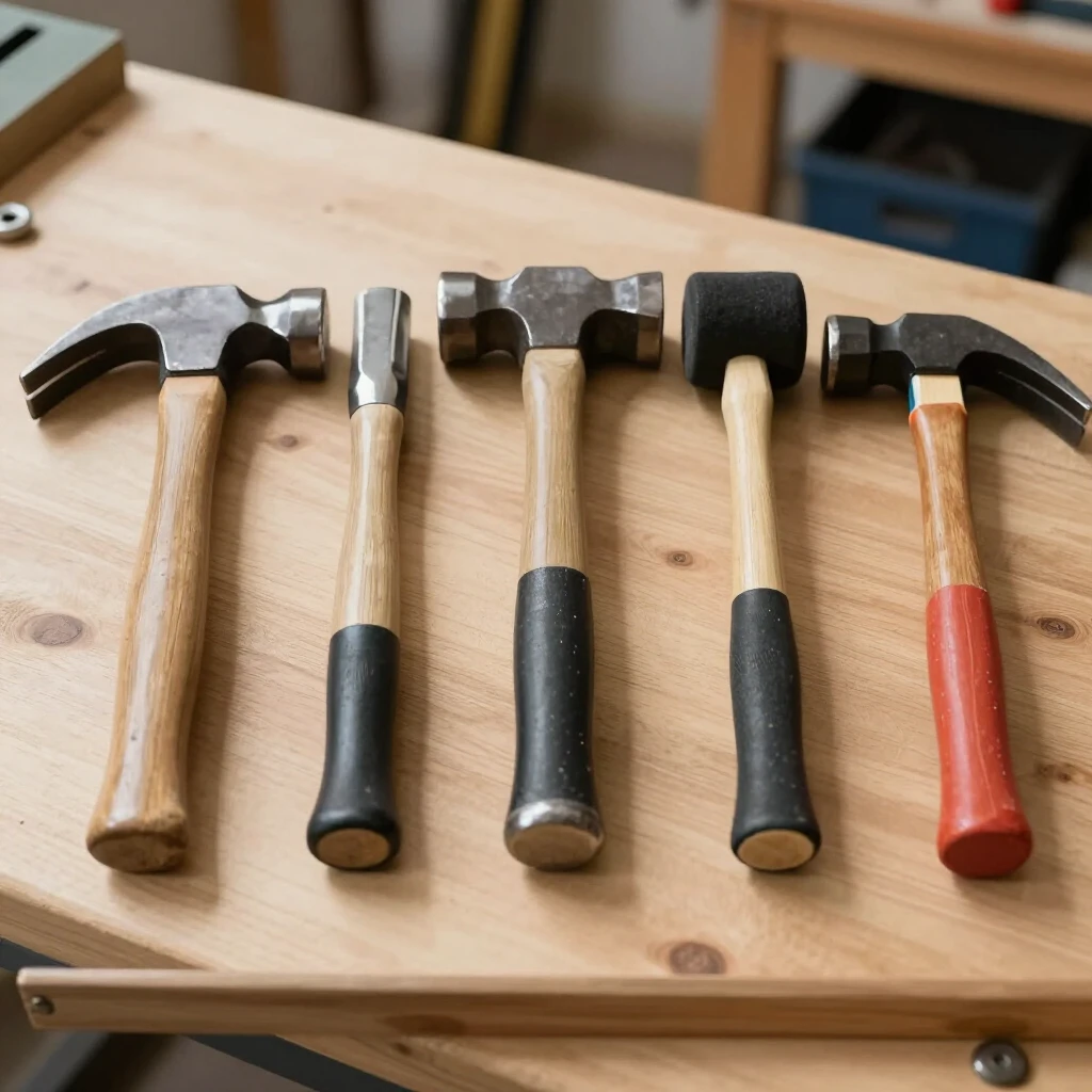 Various types of hammers displayed on a wooden workbench